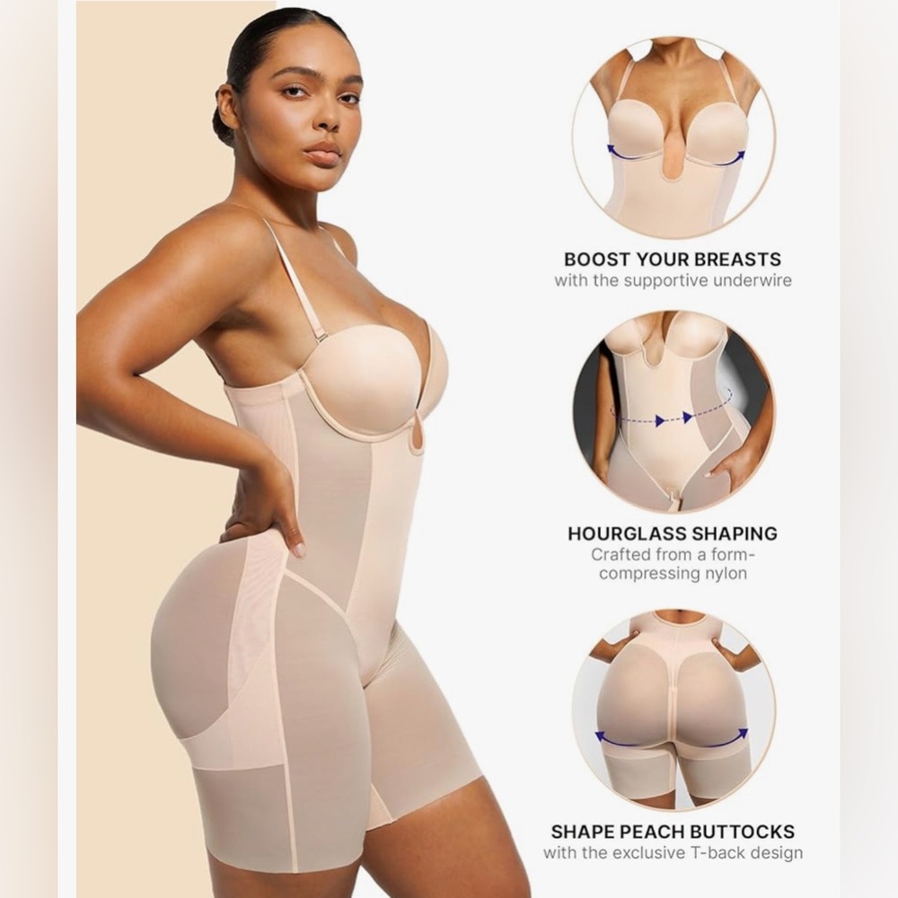 SHAPELLX Shapewear Deep Plunge Corset Tummy Control Backless Bodysuit Beige S - Picture 5 of 10